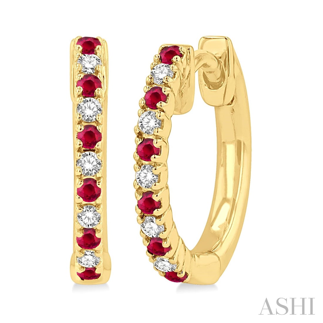 1.35mm Ruby & 0.11 ctw Diamond Huggie 10K Yellow Gold Earrings: Exuding opulence and grace, this elegant Huggies pair of earrings featuring Ruby, White Diamond is crafted for the distinguished. Showcasing the gems in an Eternity Style Hoop arrangement, the earring