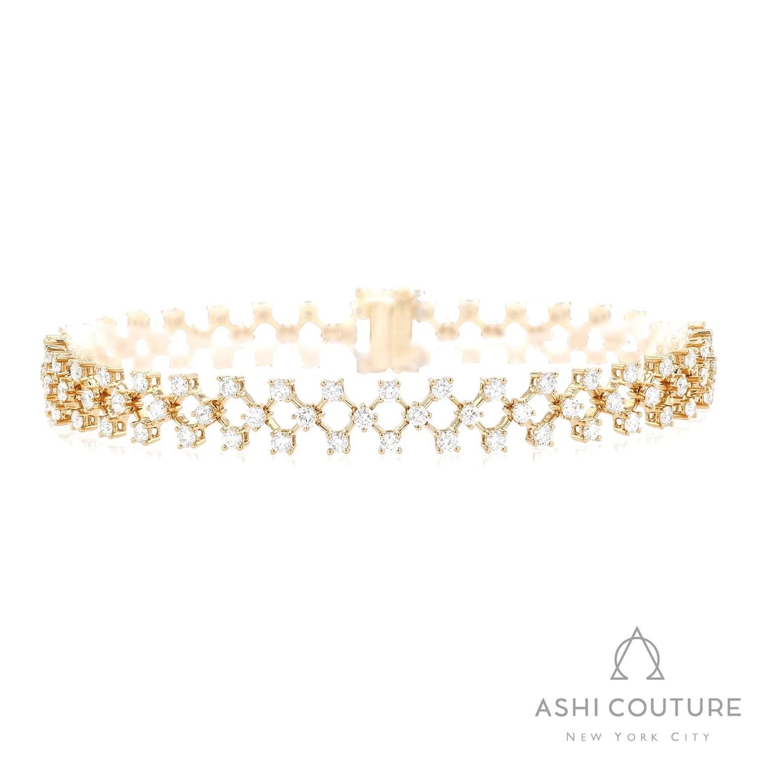 3.33 ctw Diamond Silk Thin 18k Yellow Gold Bracelet: Retail Value: $17,880 Exuding opulence and grace, this magnificent Silk Thin bracelet featuring White Diamond is crafted for the distinguished. Securely held in a classic Lattice Setting design, the b