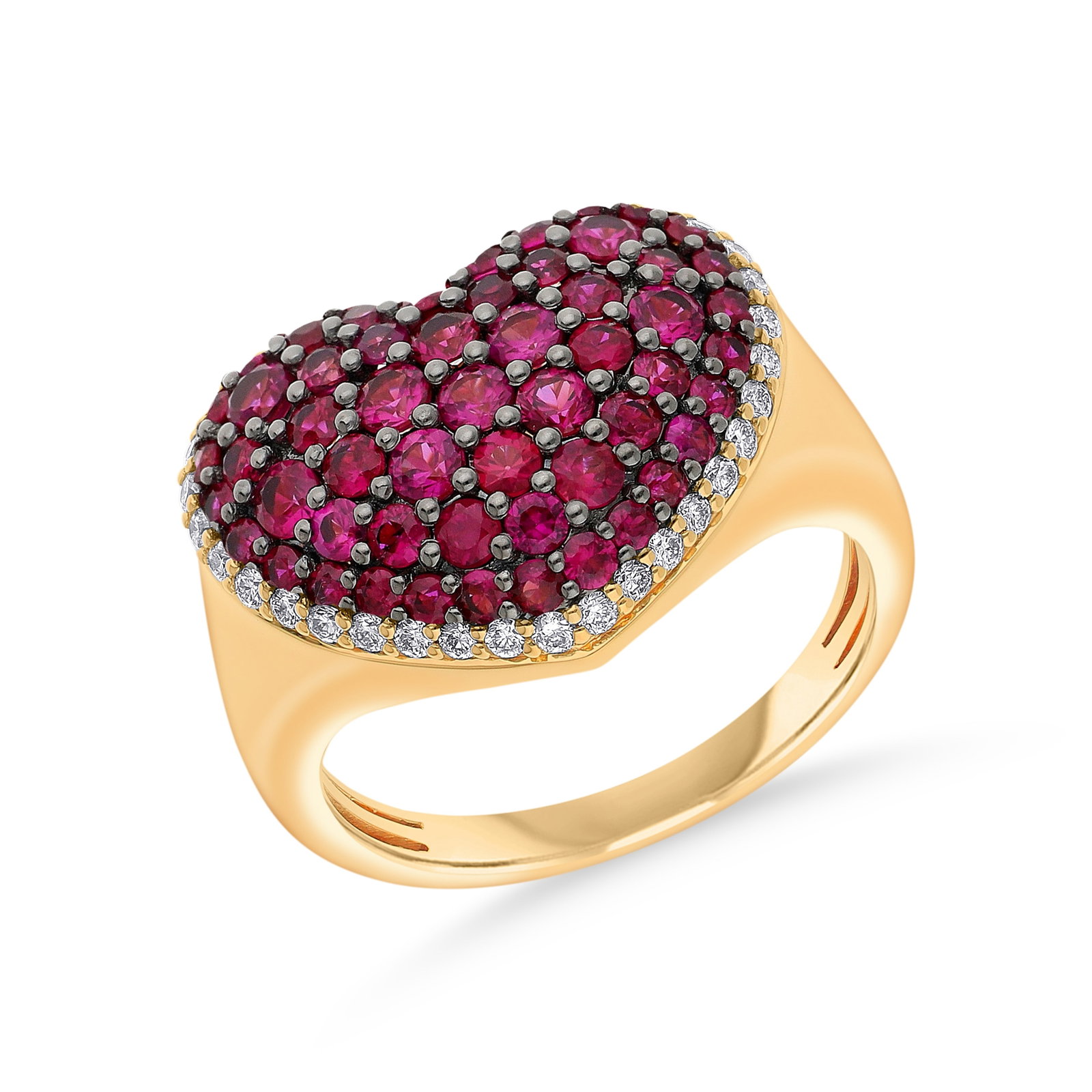 1.44ct Ruby and 0.28ctw Diamond Heart Shape 18K Yellow Gold Ring: Defining modern elegance, this magnificent Heart Shape ring featuring Ruby, White Diamond captures the essence of style. Securely held in a classic Cluster design, the ring is forged from high-polish 