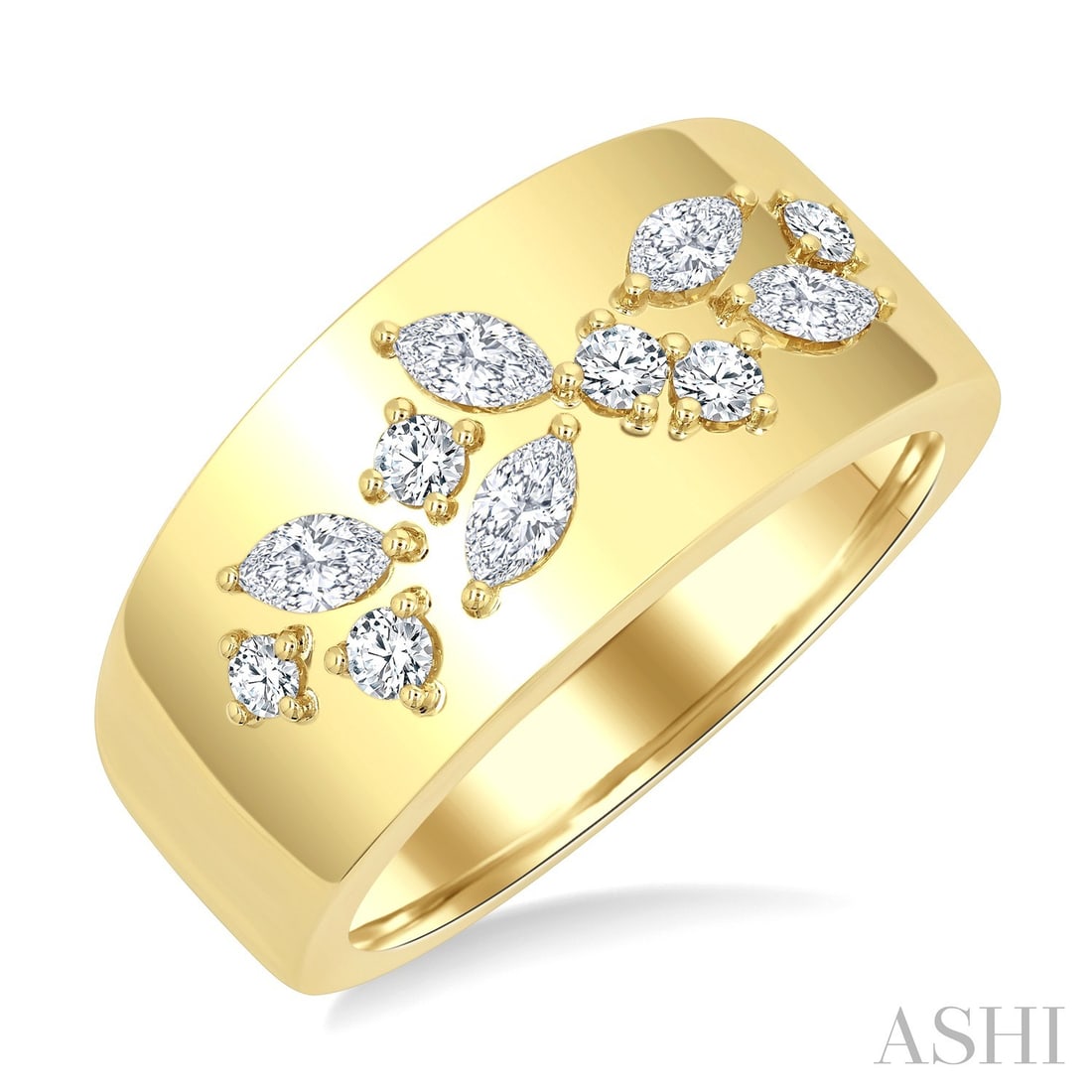 0.56 ctw Marquise & Round Diamond Wide Band 14K Yellow Gold Ring: Epitomizing grandeur, this magnificent Wide Band ring featuring White Diamond stands as a beacon of refined taste. Showcasing the gems in a Cluster arrangement, the ring consists of 6.75 g of 14K Yell