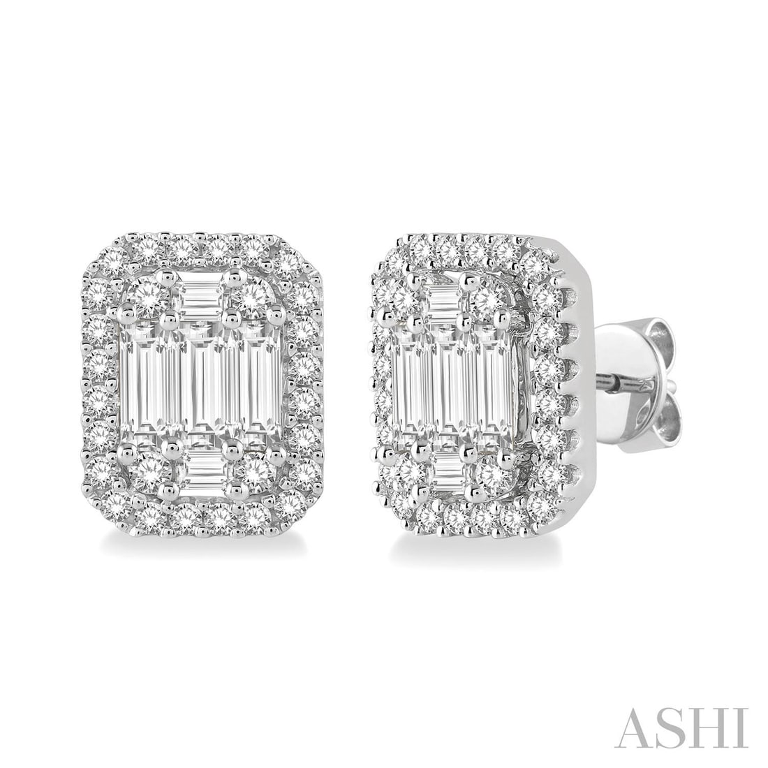 0.40 ctw Baguette & Round Diamond 14K White Gold Stud Earrings: Epitomizing grandeur, this magnificent Octagonal Baguette pair of earrings featuring White Diamond stands as a beacon of refined taste. A detailed Halo gallery secures the stones, rendered in 2.1 gram