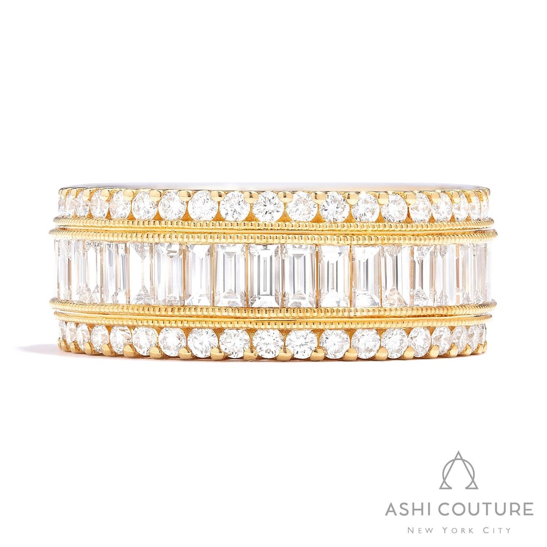 2.14 ctw Baguette and Round Diamond 18k Yellow Gold Band Ring: Retail Value: $14,895 A vision of luxury, this exquisite Baguette Diamond ring featuring White Diamond defines sophistication. Crafted with precision, the Band setting is seamlessly integrated into 9.