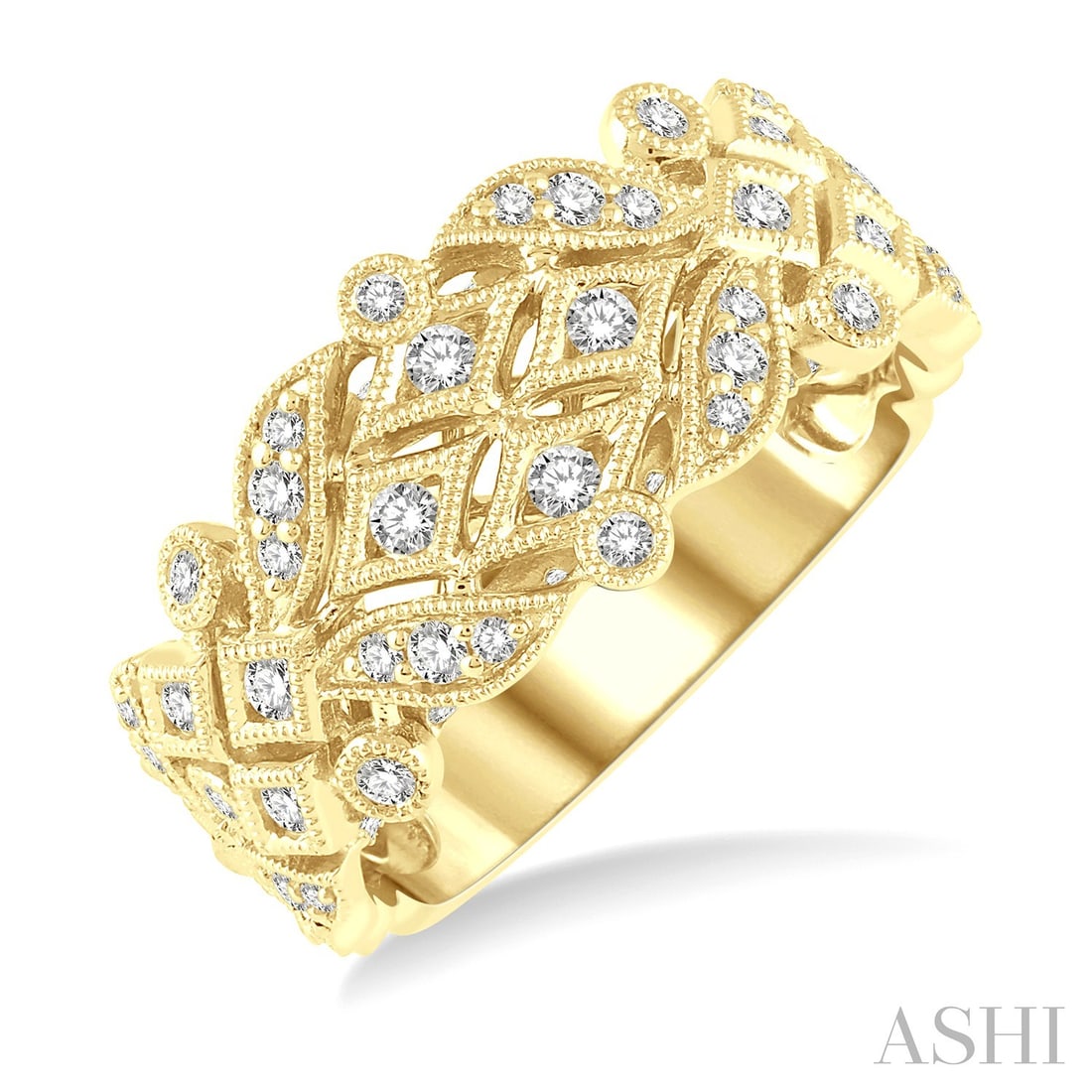 0.54 ctw Diamond Lattice Fashion 14K Yellow Gold Band Ring: Rare and radiant, this exquisite Lattice ring featuring Natural Diamonds offers a touch of the extraordinary. Crafted with precision, the Lattice/Filigree Band setting is seamlessly integrated into 5.