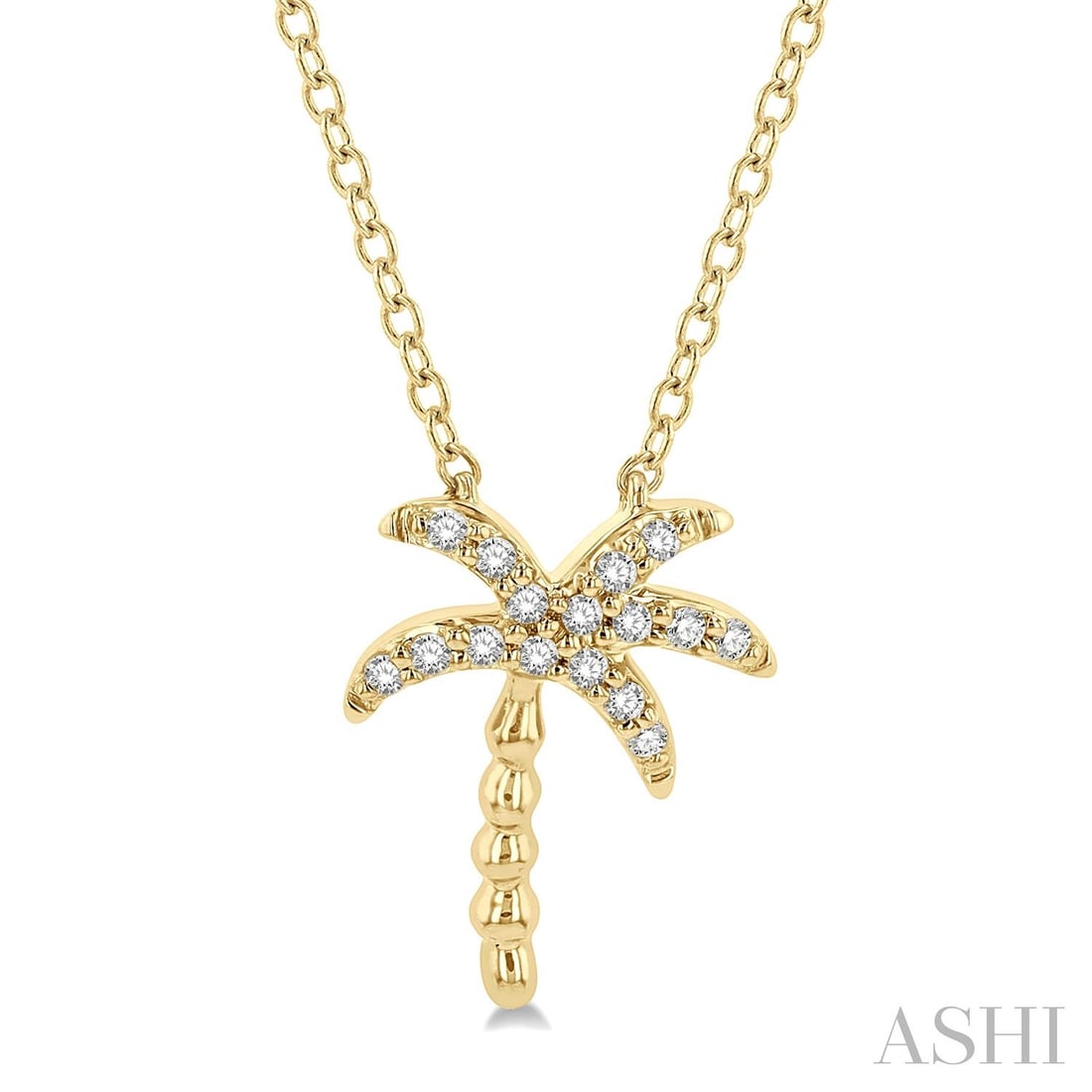 0.10 ctw Diamond Palm Tree Pendant Necklace 14K Yellow Gold: Rare and radiant, this elegant Palm Tree pendant necklace featuring Natural Diamonds offers a touch of the extraordinary. Crafted with precision, the Cluster setting is seamlessly integrated into 0.9 