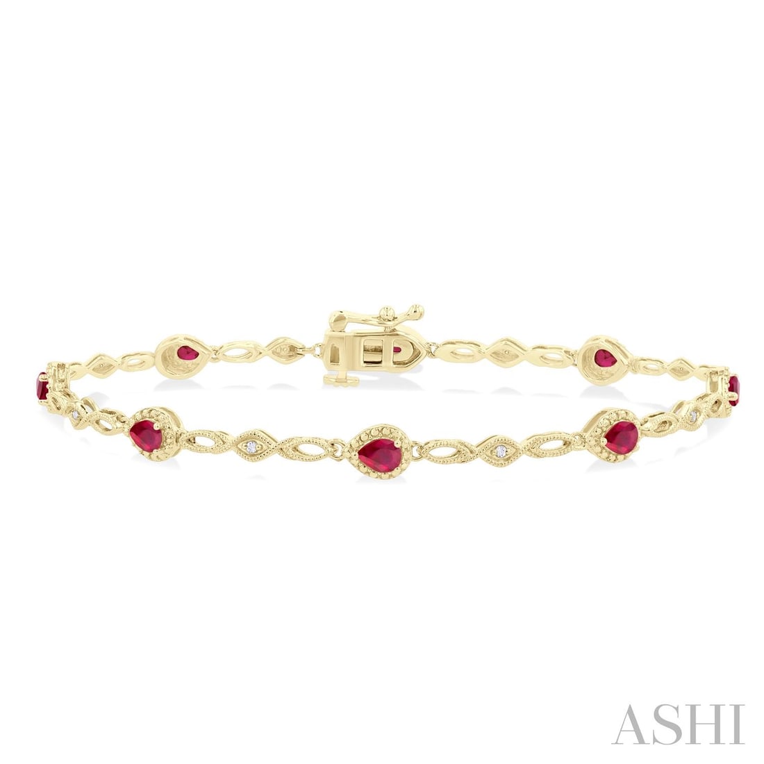 4x3mm Pear Ruby and 0.05 ctw Diamond 10K Yellow Gold Bracelet: Defining modern elegance, this magnificent Pear Cut bracelet featuring Ruby, White Diamond captures the essence of style. Securely held in a classic Bezel design, the bracelet is forged from 6.9 grams