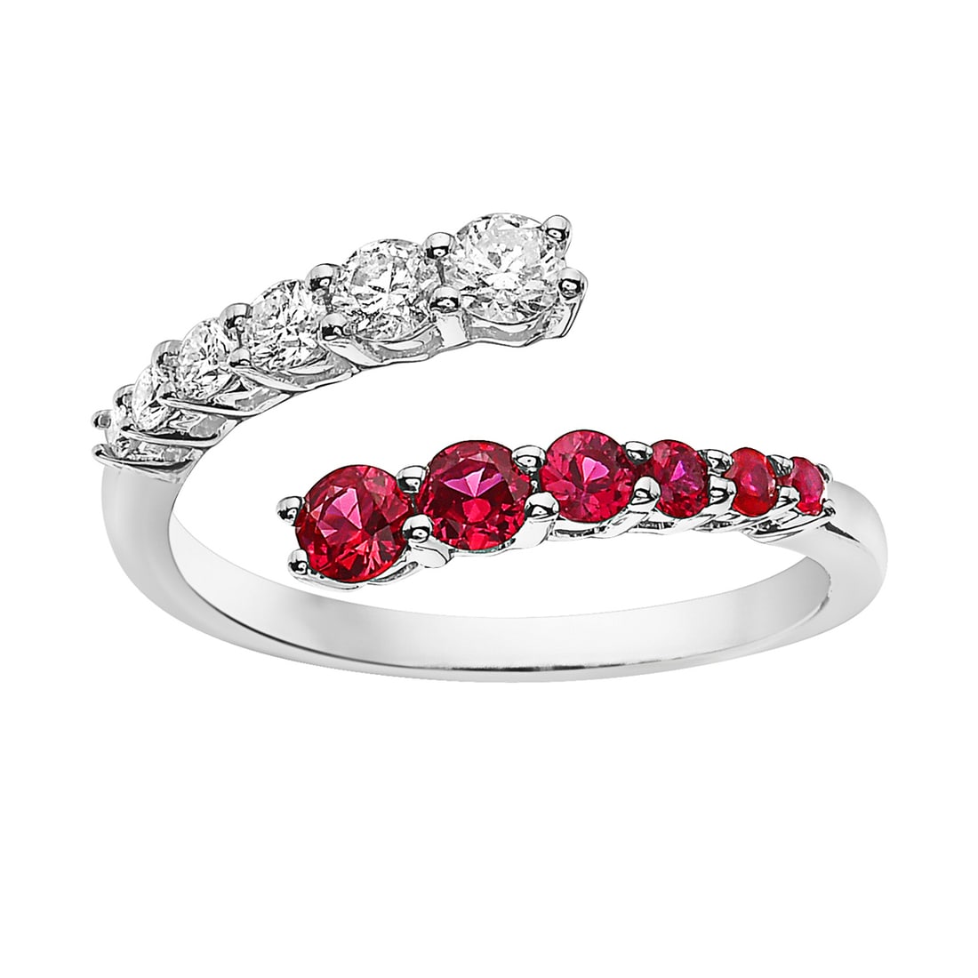 14k White Gold Ruby and Diamond Bypass Ring 0.79 Carats Total: Exuding sophistication and allure, this modern ring features a captivating interplay of Ruby and Diamond. The design showcases a graceful bypass arrangement, with round-cut red Rubies and white Diamon