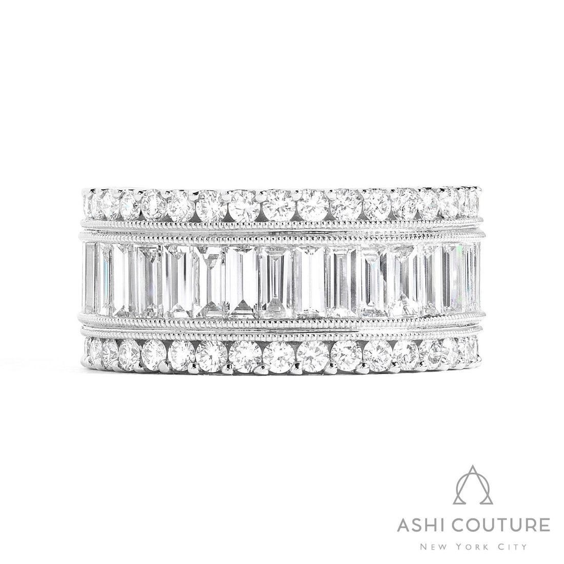 3.38 ctw Baguette and Round Diamond Midjourney 18K White Gold Band Ring: A testament to superior craftsmanship, this magnificent Midjourney ring featuring Natural Diamonds is unparalleled. A detailed Band gallery secures the stones, rendered in 9.9 grams of lustrous 18K Wh