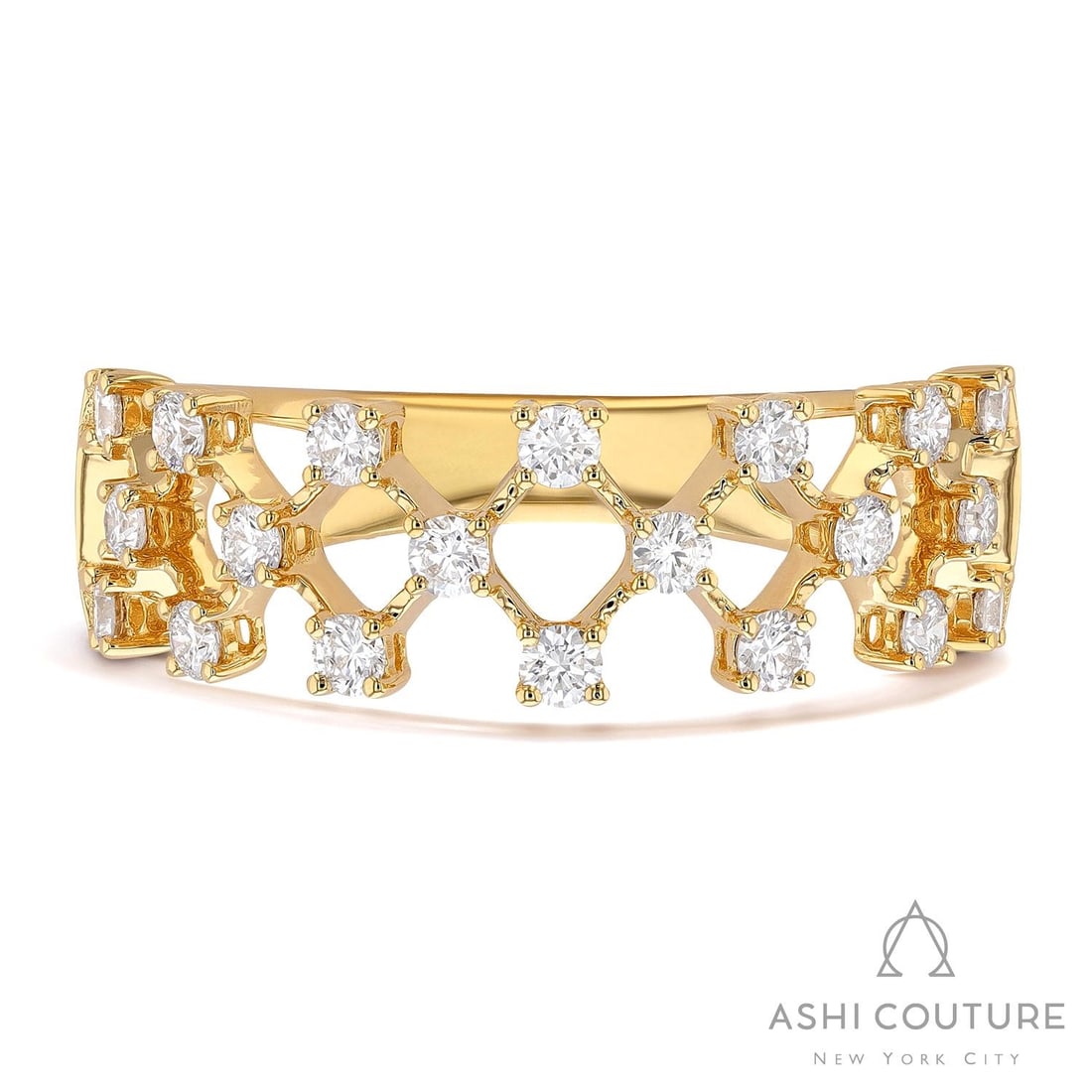 0.55 ctw White Diamond 18K Yellow Gold Band Ring: Retail Value: $4,140 A symphony of light and color, this exquisite Silk Mesh Thin Band ring featuring White Diamond embodies the pinnacle of luxury. Crafted with precision, the Openwork setting is sea