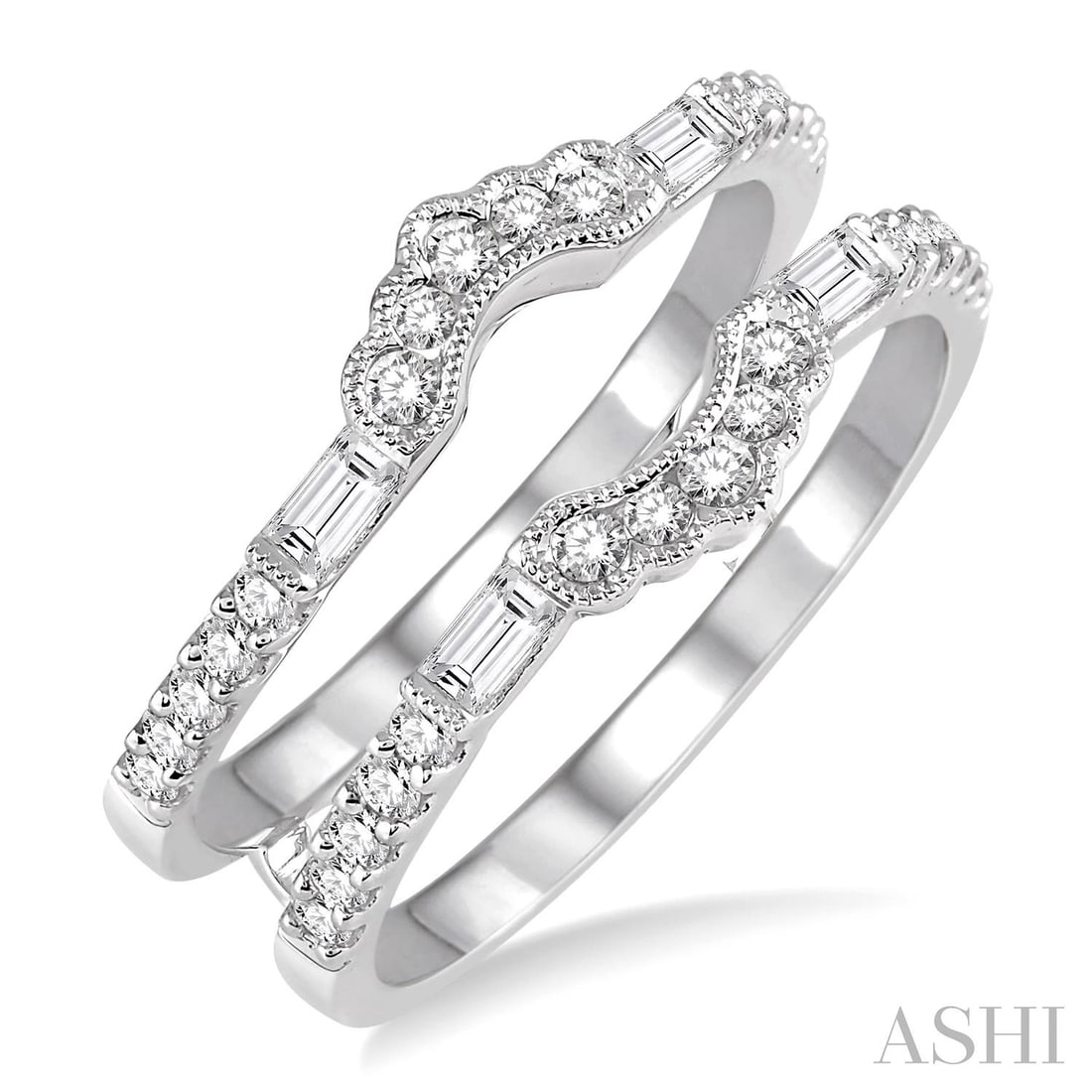 0.57 ctw Round & Baguette Diamond Insert Ring 14K White Gold: A testament to superior craftsmanship, this magnificent Insert ring featuring White Diamond is unparalleled. A detailed Insert/Guard Setting gallery secures the stones, rendered in 3.8 grams of lustro