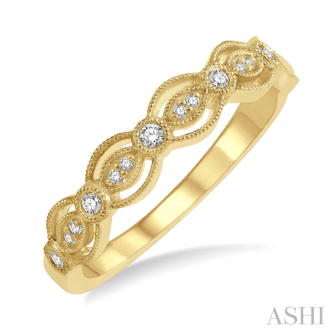 0.10 ctw Diamond Lattice Marquise 14K Yellow Gold Stack Band Ring: Rare and radiant, this elegant Lattice Marquise ring featuring Natural Diamonds offers a touch of the extraordinary. Showcasing the gems in a Band/Stackable arrangement, the ring consists of 2.1 grams