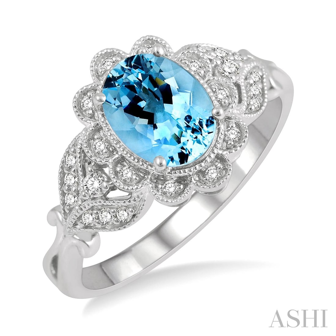 8x6mm Aquamarine and 0.15 ctw Diamond 10K White Gold Ring: A symphony of light and color, this stunning Floral Lattice ring featuring Aquamarine, White Diamond embodies the pinnacle of luxury. Expertly mounted in a Floral Cluster setting, the ring is crafted 