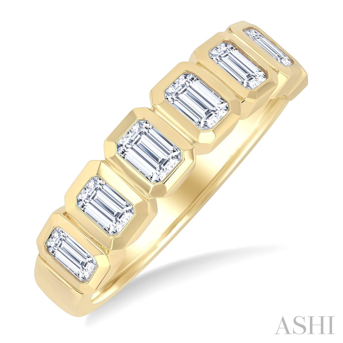 1.54 ctw Emerald Cut Diamond 14K Yellow Gold Band Ring: Rare and radiant, this breathtaking Bezel Set ring featuring White Diamond offers a touch of the extraordinary. Showcasing the gems in a Half Eternity arrangement, the ring consists of 3.75 grams of 1