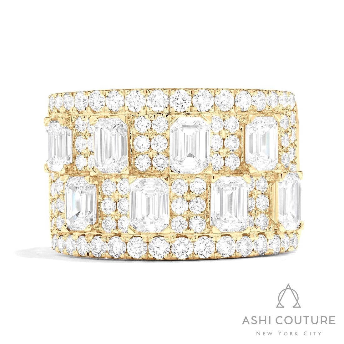3.81 ctw Emerald Cut Diamond Duchess Wide Halfway Band 18K Yellow Gold Ring: Retail Value: $25,305 An exquisite masterpiece of haute joaillerie, this magnificent Duchess Wide Halfway Band ring featuring White Diamond is a true treasure. The gemstones are nestled within a Wide 