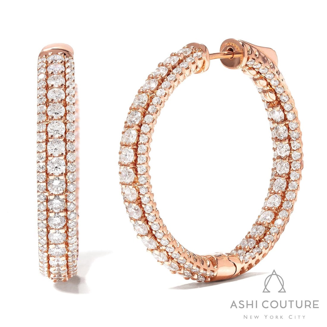 4.08 ctw Diamond 18K Rose Gold Hoop Earrings: Retail Value: $23,430 Timeless and sophisticated, this magnificent Duchess 3-Row pair of earrings featuring White Diamond radiates enduring beauty. Showcasing the gems in a Pave Hoop arrangement, the 