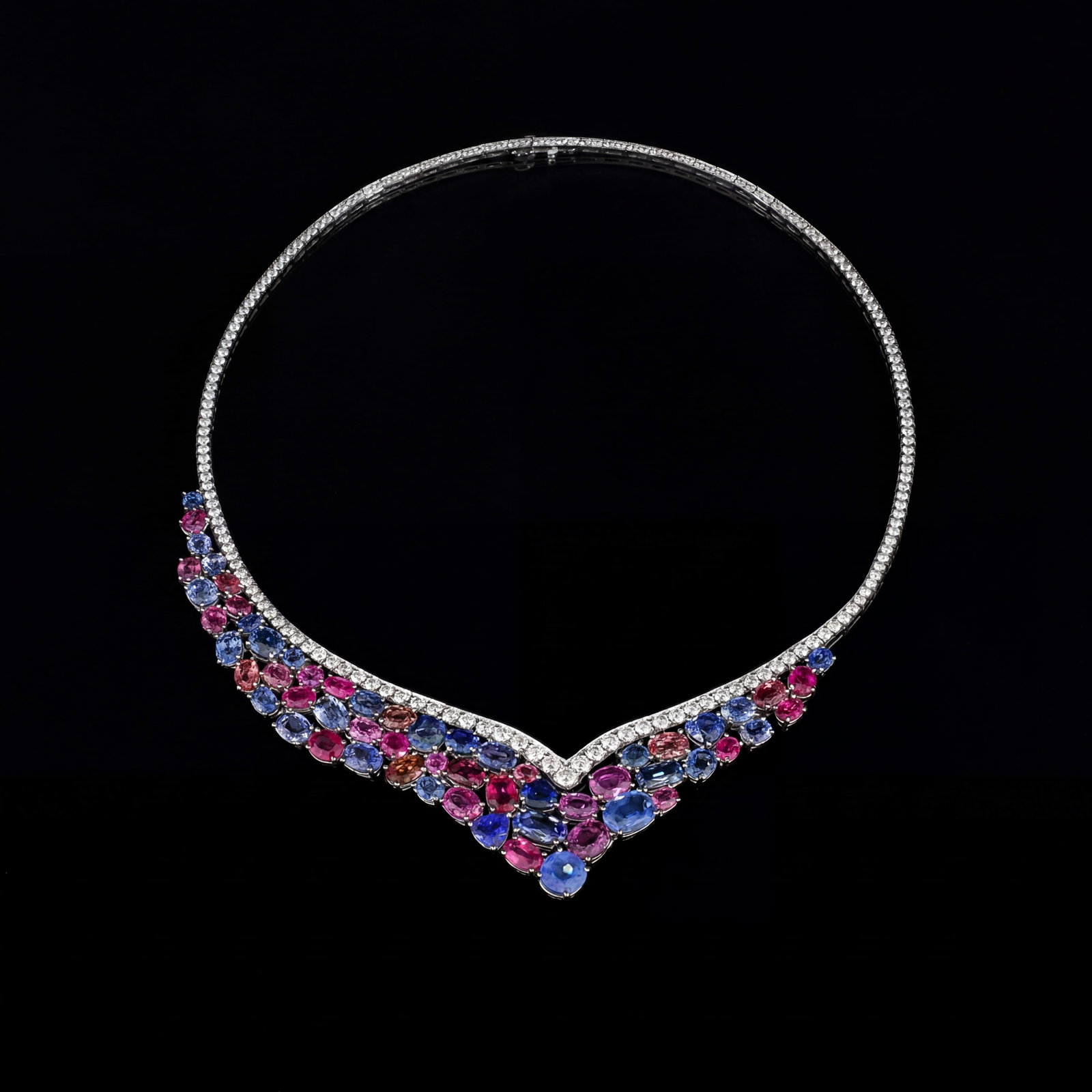 Paradise 54.35 ctw Multi-Gemstone & 7.25ct Diamond Platinum Necklace: Retail Value: $96,855 Rare and radiant, this magnificent linear necklace featuring Blue Sapphire, Ruby, Rubellite, White Diamond offers a touch of the extraordinary. A detailed Cluster gallery secures