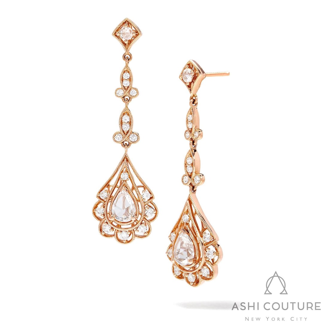 2.18 ctw Floral Diamond Drop 18K Rose Gold Earrings: Retail Value: $21,150 Rare and radiant, this magnificent Floral pair of earrings featuring White Diamond offers a touch of the extraordinary. The gemstones are nestled within a Drop/Dangle framework, 