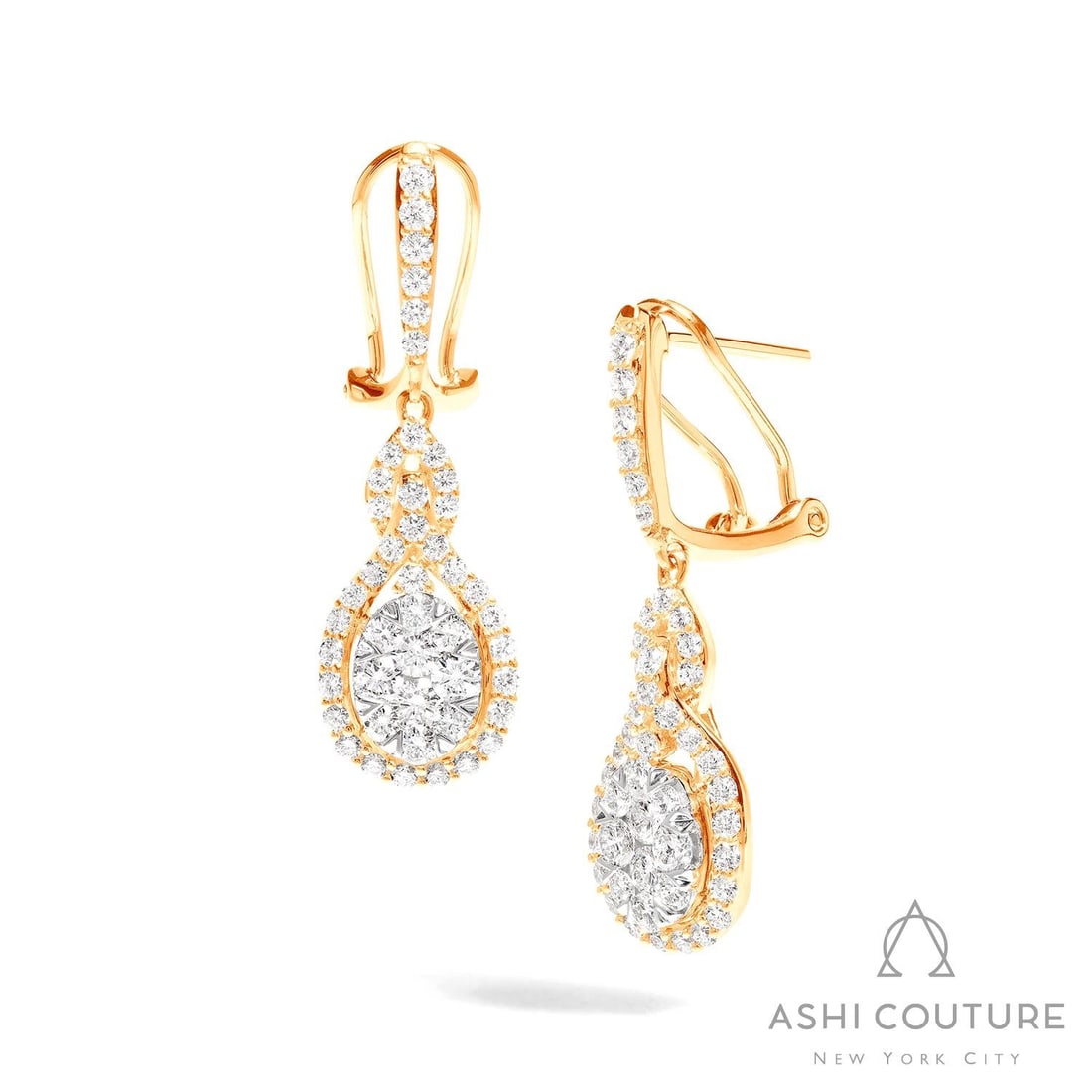 1.87 ctw Diamond Fiori Oval Intertwined Cluster 18K Yellow & White Gold Earrings: Exuding opulence and grace, this exquisite Intertwined Cluster pair of earrings featuring White Diamond is crafted for the distinguished. A detailed Cluster/Halo Drop gallery secures the stones, rende