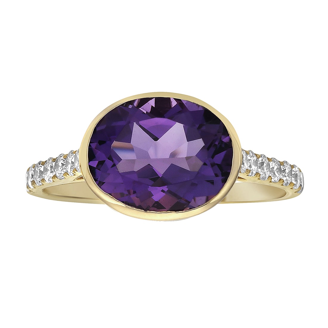 14k Yellow Gold Ring with 2.38ct Amethyst and Diamond Accents: A testament to superior craftsmanship, this exquisite ring features a captivating Amethyst as its centerpiece. The 2.38 carat purple gem is elegantly set in 14k Yellow Gold, complemented by a band ado