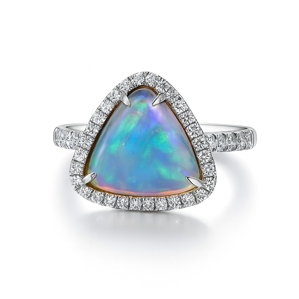 2.77ct Trilliant Opal and 0.38ctw Diamond Halo 14K White Gold Ring: An exquisite masterpiece of haute joaillerie, this exquisite Halo ring featuring Opal, White Diamond is a true treasure. A detailed Halo gallery secures the stones, rendered in 4.08 grams of lustrous 