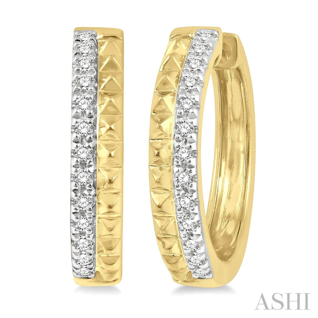 0.10 ctw Pyramid Diamond Huggie Earrings in 10K Yellow Gold: Epitomizing grandeur, this stunning Pyramid pair of earrings featuring White Diamond stands as a beacon of refined taste. Crafted with precision, the Huggie Hoop setting is seamlessly integrated into 