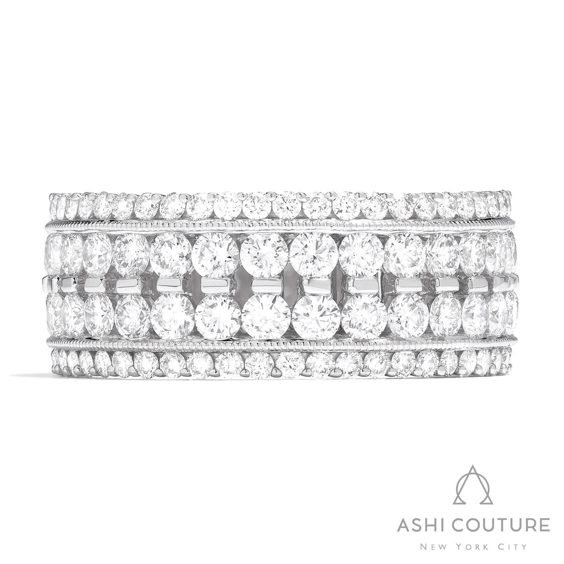 5.87 ctw Diamond 4-Row Eternity Band 18K White Gold Ring: A testament to superior craftsmanship, this magnificent 4-Row Eternity Band ring featuring White Diamond is unparalleled. Crafted with precision, the Multi-Row Eternity Band setting is seamlessly inte