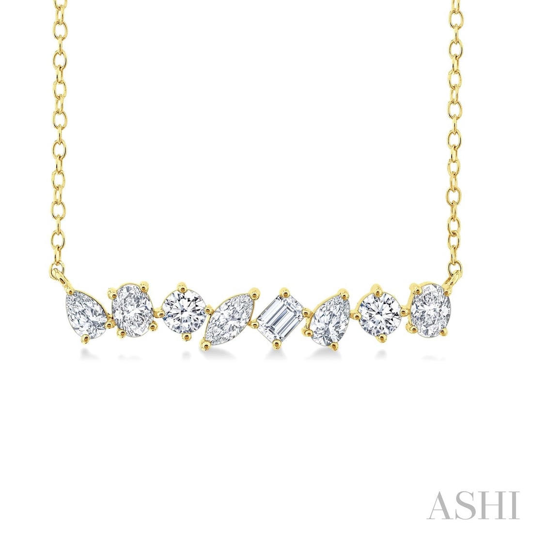 1.12 ctw Scatter Multi Cut Diamond 14k Yellow Gold Necklace: Timeless and sophisticated, this breathtaking Scatter Multi Cut Diamond Fashion necklace featuring Colorless Diamond radiates enduring beauty. The gemstones are nestled within a Bar framework, support