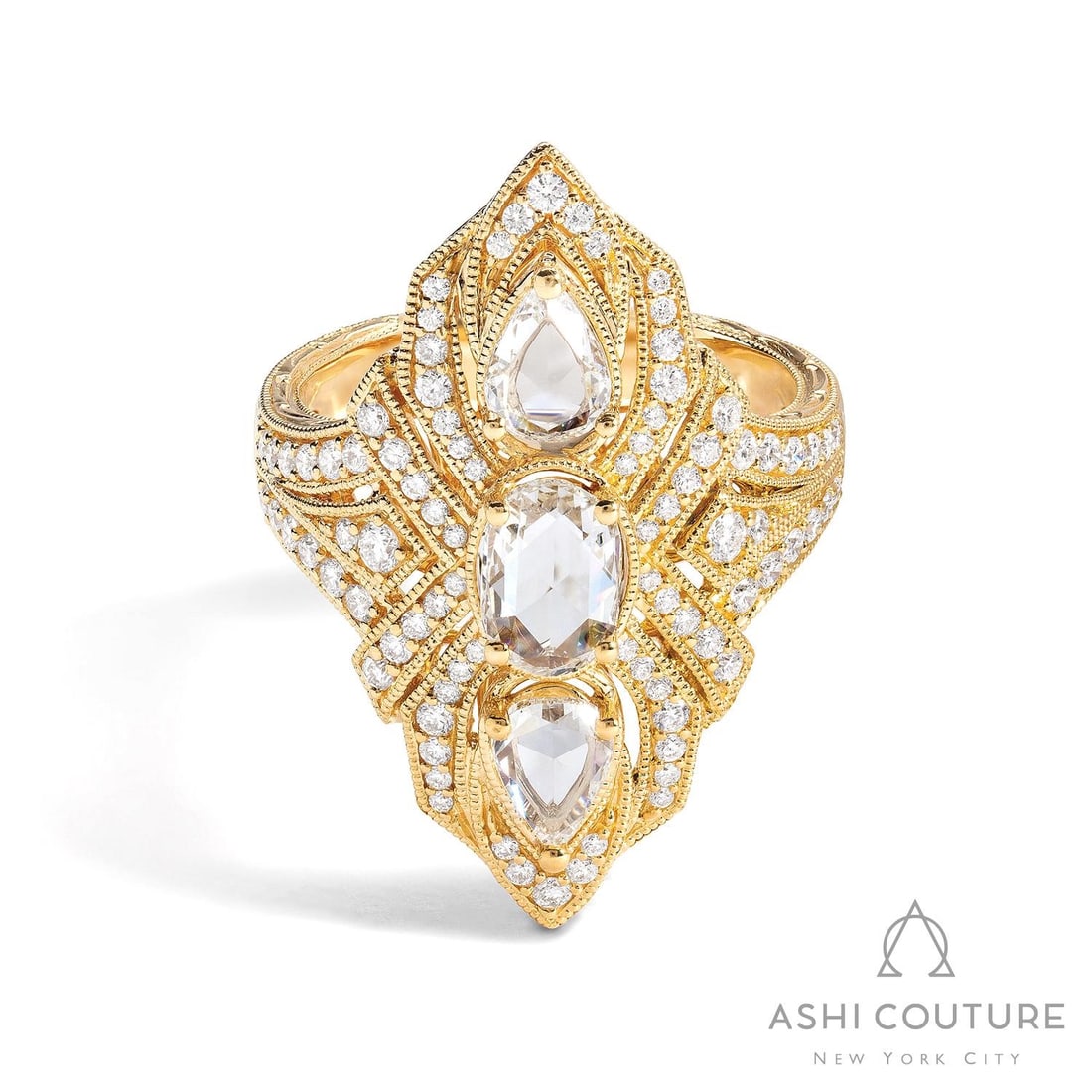 Vintage Mademoiselle 2.13 ctw Diamond 18K Yellow Gold Ring: A testament to superior craftsmanship, this magnificent Vintage Mademoiselle ring featuring White Diamond is unparalleled. A detailed Ornate Shield Cluster Setting gallery secures the stones, rendered