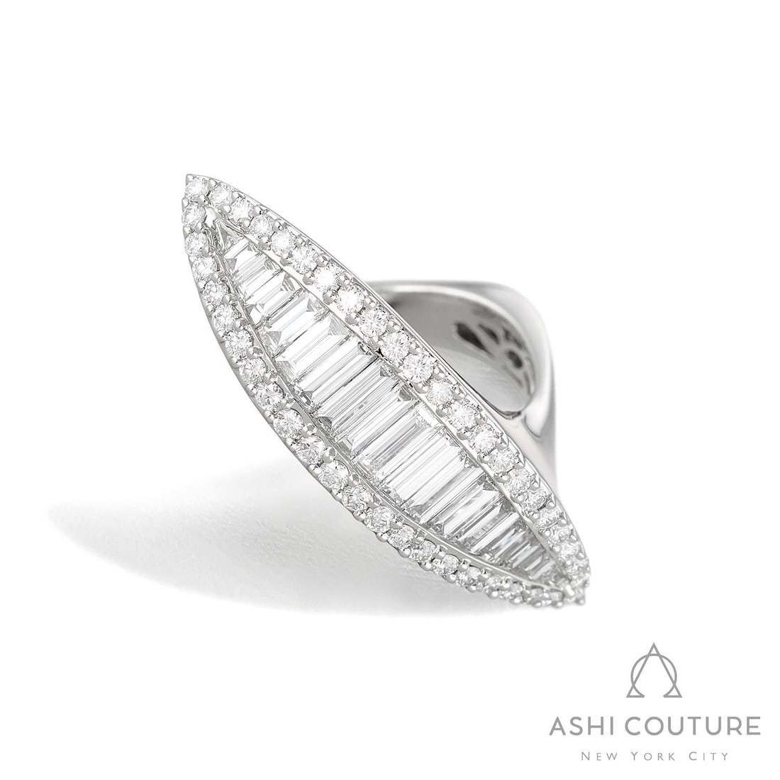 2.34 ctw Baguette and Round Diamond Edgy 18K White Gold Ring: Rare and radiant, this breathtaking Edgy ring featuring Natural Diamonds offers a touch of the extraordinary. A detailed Stylized Marquise Cluster gallery secures the stones, rendered in 12.5 grams of