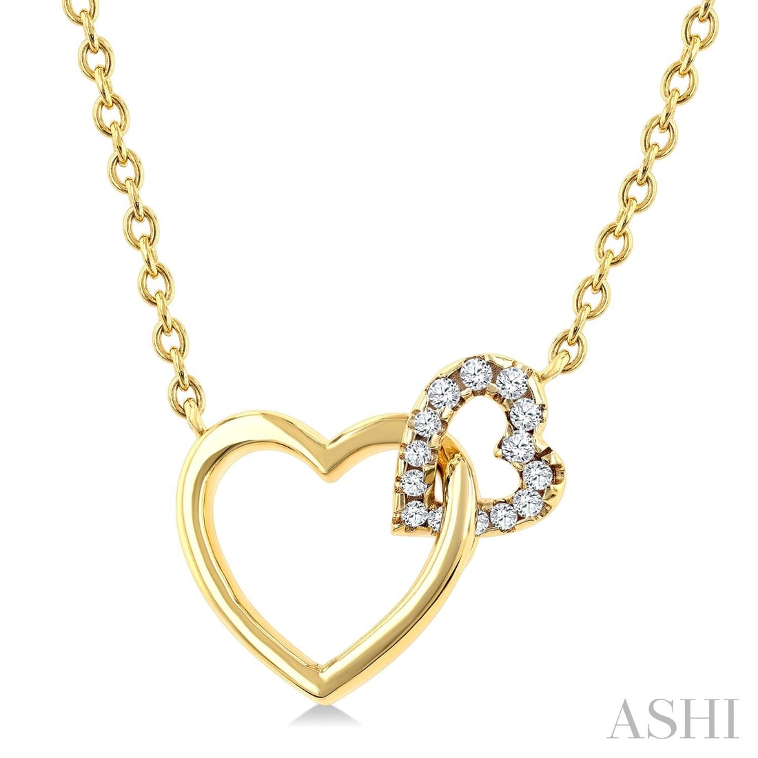0.11 ctw Diamond Interlocked Heart 10K Yellow Gold Pendant Necklace: A symphony of light and color, this elegant Interlocked Heart pendant necklace featuring White Diamonds embodies the pinnacle of luxury. The gemstones are nestled within a Decorative Motif framework, 