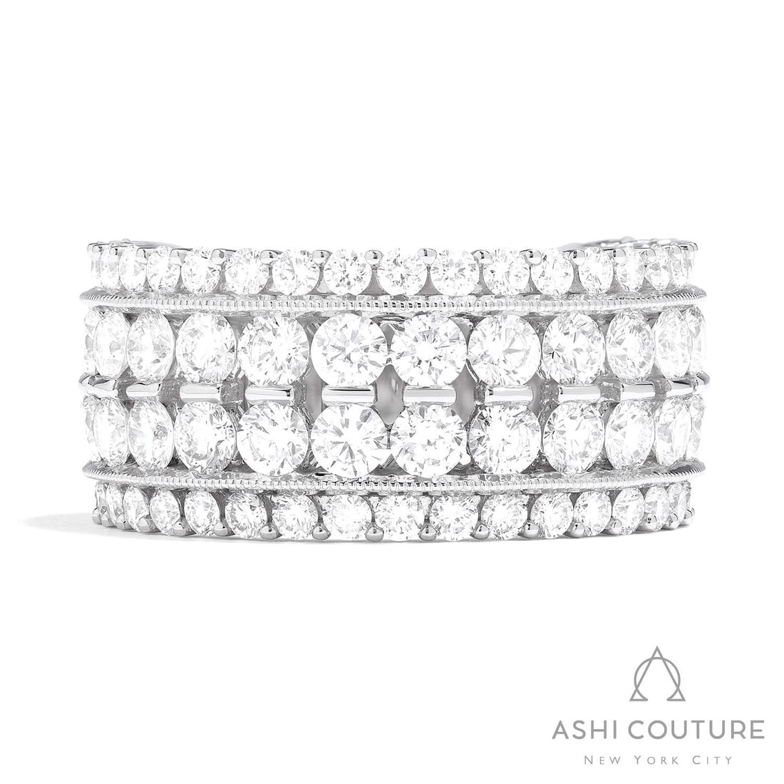3.80 ctw Duchess Classic 4-Row Diamond Band 18K White Gold Ring: A vision of luxury, this exquisite 4-Row ring featuring White Diamond defines sophistication. Expertly mounted in a Multi-Row Band setting, the ring is crafted in 10.35 grams of solid 18K White Gold. 
