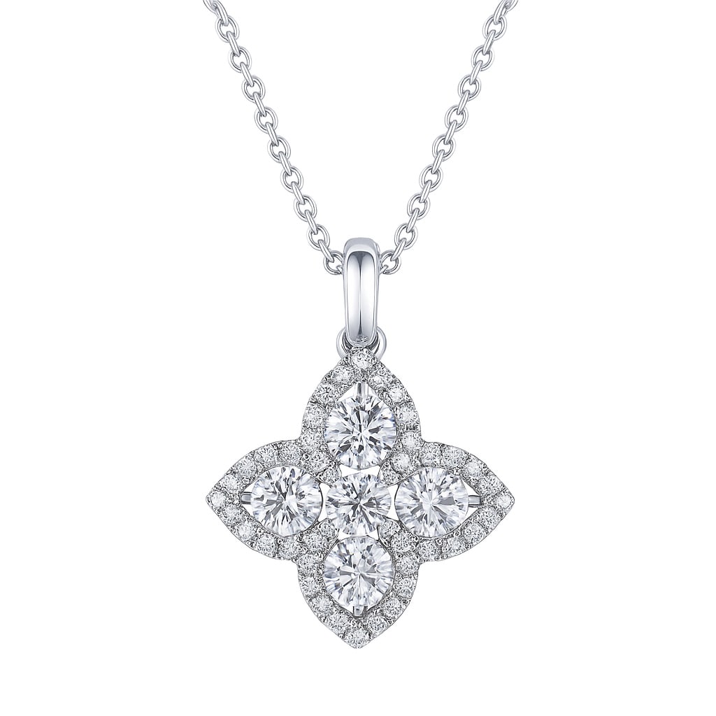 14k White Gold Floral Diamond Pendant Necklace 0.48 Carat: Radiating elegance, this exquisite pendant necklace features a captivating floral design adorned with Diamonds. The centerpiece showcases a cluster of round-cut, white Diamonds, totaling 0.48 carats. 