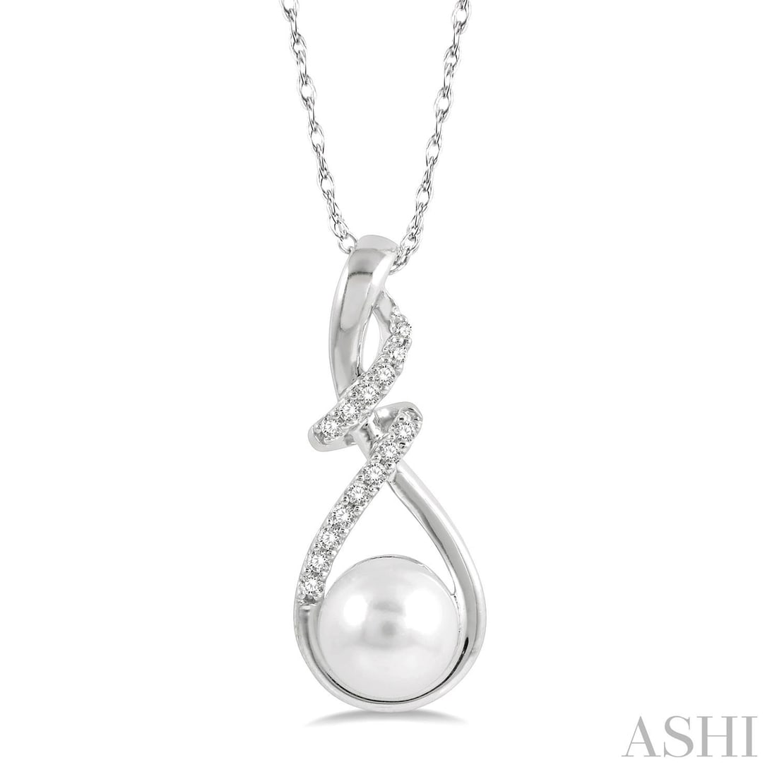 7mm Pearl and 0.10 ctw Diamond 10K White Gold Pendant: Rare and radiant, this elegant Swirl Top pendant featuring Pearl, White Diamond offers a touch of the extraordinary. Crafted with precision, the Drop setting is seamlessly integrated into 2.05 grams o