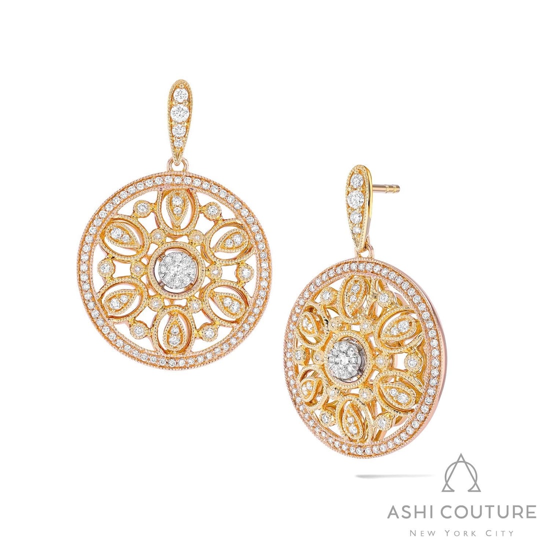 0.6 ctw Diamond Fiori Vintage 18K Tri-Color Gold Drop Earrings: Retail Value: $8,670 Timeless and sophisticated, this exquisite Vintage pair of earrings featuring Natural Diamonds radiates enduring beauty. The gemstones are nestled within a Filigree Drop framework