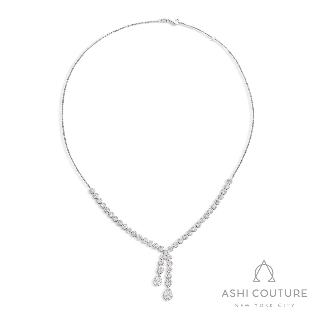 3.57 ctw Diamond Cluster Lariat 18K White Gold Necklace: Timeless and sophisticated, this stunning Lariat necklace featuring White Diamond radiates enduring beauty. Expertly mounted in a Cluster setting, the necklace is crafted in 8.75 g of solid 18K White 