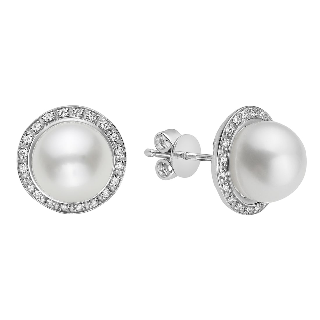14K White Gold Earrings with Freshwater Pearls and Diamond Halo: A harmonious blend of elegance and sophistication, this exquisite pair of earrings features lustrous Freshwater Pearls as the centerpiece. Encircled by a halo of sparkling Diamonds, each stone is meti