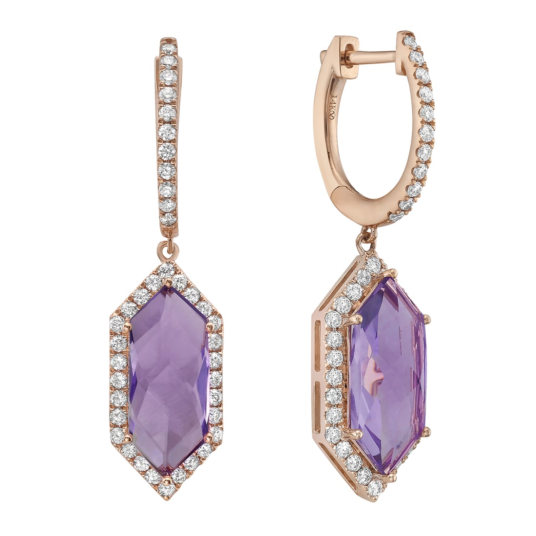 14k Rose Gold Earrings with 5.01ct Amethyst and Diamond Halo: Elegant and contemporary, these exquisite earrings feature captivating purple Amethyst stones, each weighing 5.01 carats. The Amethysts are encircled by a halo of sparkling round-cut Diamonds, totalin