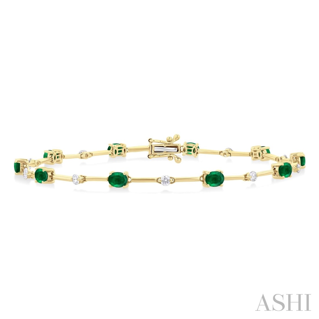 4x3mm Oval Emerald and 0.32 ctw Diamond 10K Yellow Gold Bracelet: An exquisite masterpiece of haute joaillerie, this magnificent Bar bracelet featuring Emerald, White Diamond is a true treasure. Showcasing the gems in a Bar arrangement, the bracelet consists of 3.15