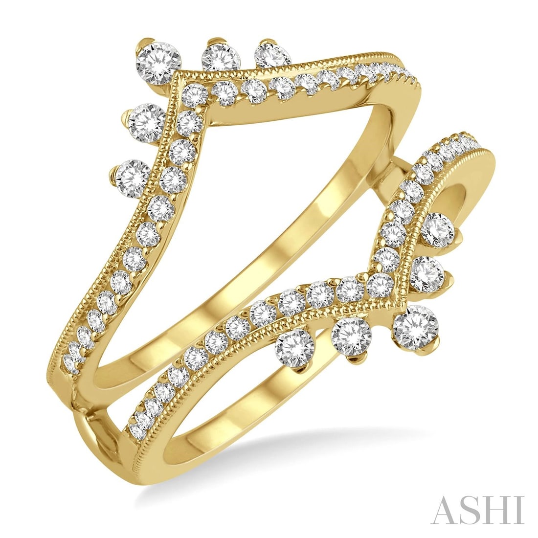 0.53 ctw Diamond 14K Yellow Gold Insert Ring: Rare and radiant, this magnificent Pointed Arch ring featuring Natural Diamonds offers a touch of the extraordinary. Showcasing the gems in an Insert Ring arrangement, the ring consists of 3.8 grams o