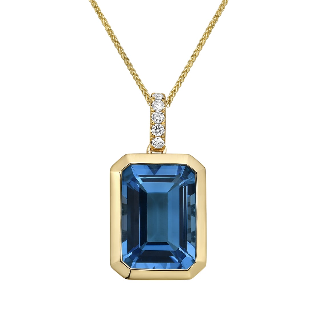 Elegant 8.5 ct Blue Topaz & Diamond Pendant in 14K Yellow Gold: A vision of luxury, this elegant pendant featuring Blue Topaz and Diamond defines sophistication. Securely held in a classic design, the pendant is forged from high-polish 14K Yellow Gold. This item s