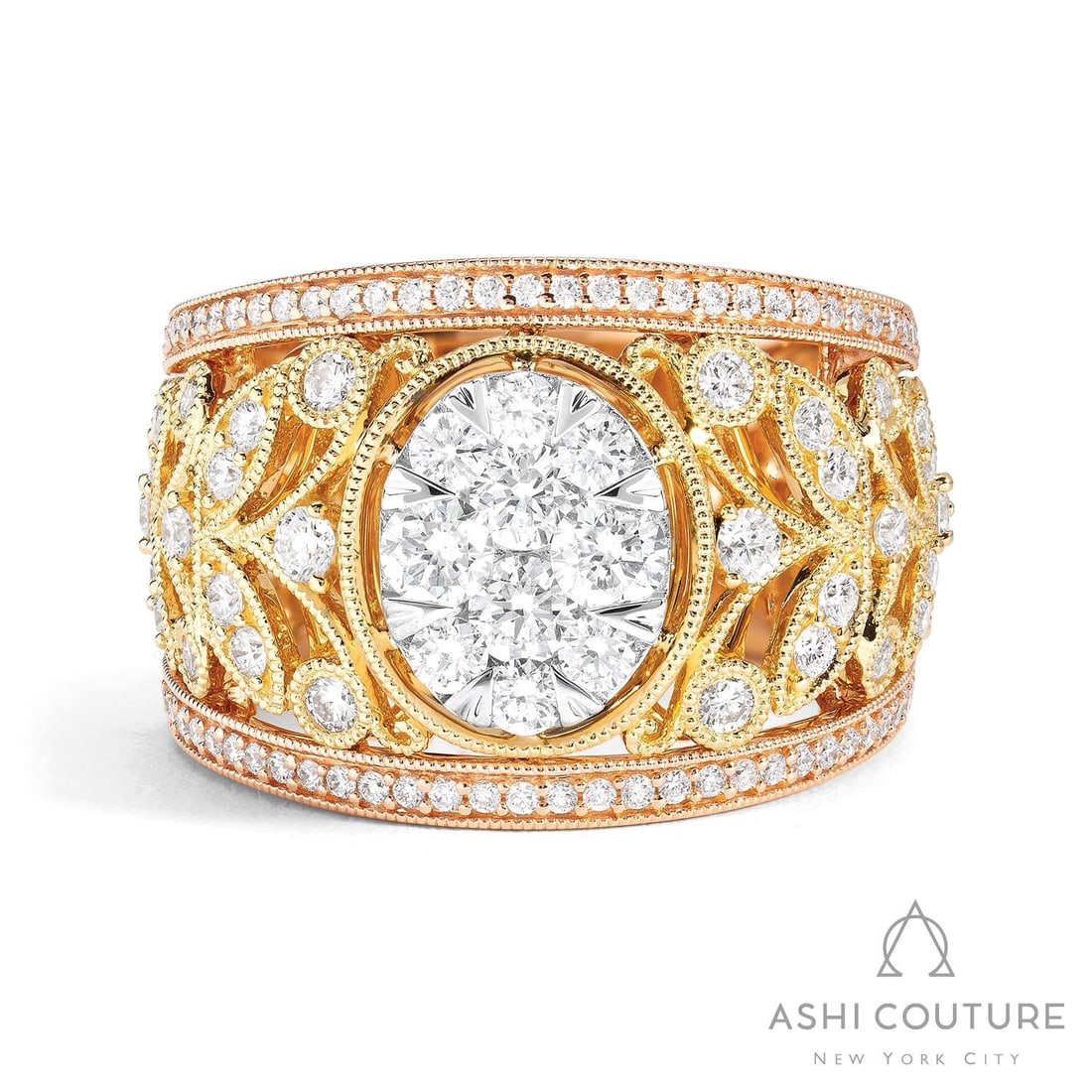 1.34 ctw Diamond 18K Tri-Color Gold Ring: A symphony of light and color, this magnificent Fiori Oval Cluster ring featuring White Diamond embodies the pinnacle of luxury. The gemstones are nestled within a Cluster framework, supported by a su