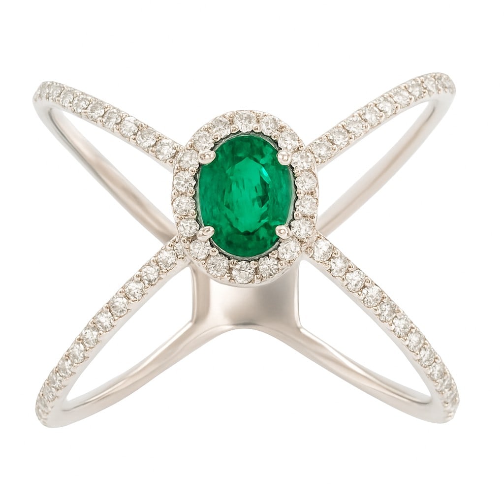0.44ct Emerald and 0.31ctw Diamond 14K White Gold Ring: Timeless and sophisticated, this elegant Halo X-design ring featuring Emerald, White Diamond radiates enduring beauty. Securely held in a classic Halo design, the ring is forged from 2.95 grams of hig