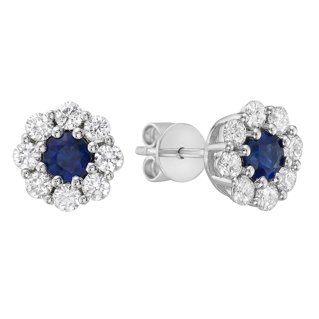 14k White Gold Sapphire & Diamond Stud Earrings 0.43ctw: In a display of refined elegance, these exquisite Stud Earrings featuring Sapphire and Diamond captivate the discerning eye. The central Blue Sapphire, with a carat weight of 0.43, is expertly cut in 