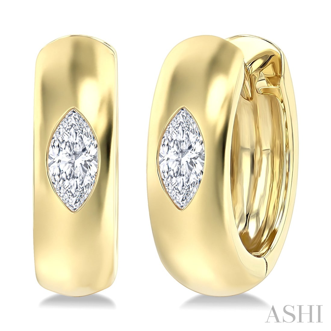 0.27 ctw Marquise Diamond Bezel Set Huggie 14K Yellow Gold Earrings: A testament to superior craftsmanship, this elegant Huggie pair of earrings featuring White Diamond is unparalleled. A detailed Bezel gallery secures the stones, rendered in 4.1 grams of lustrous 14K 