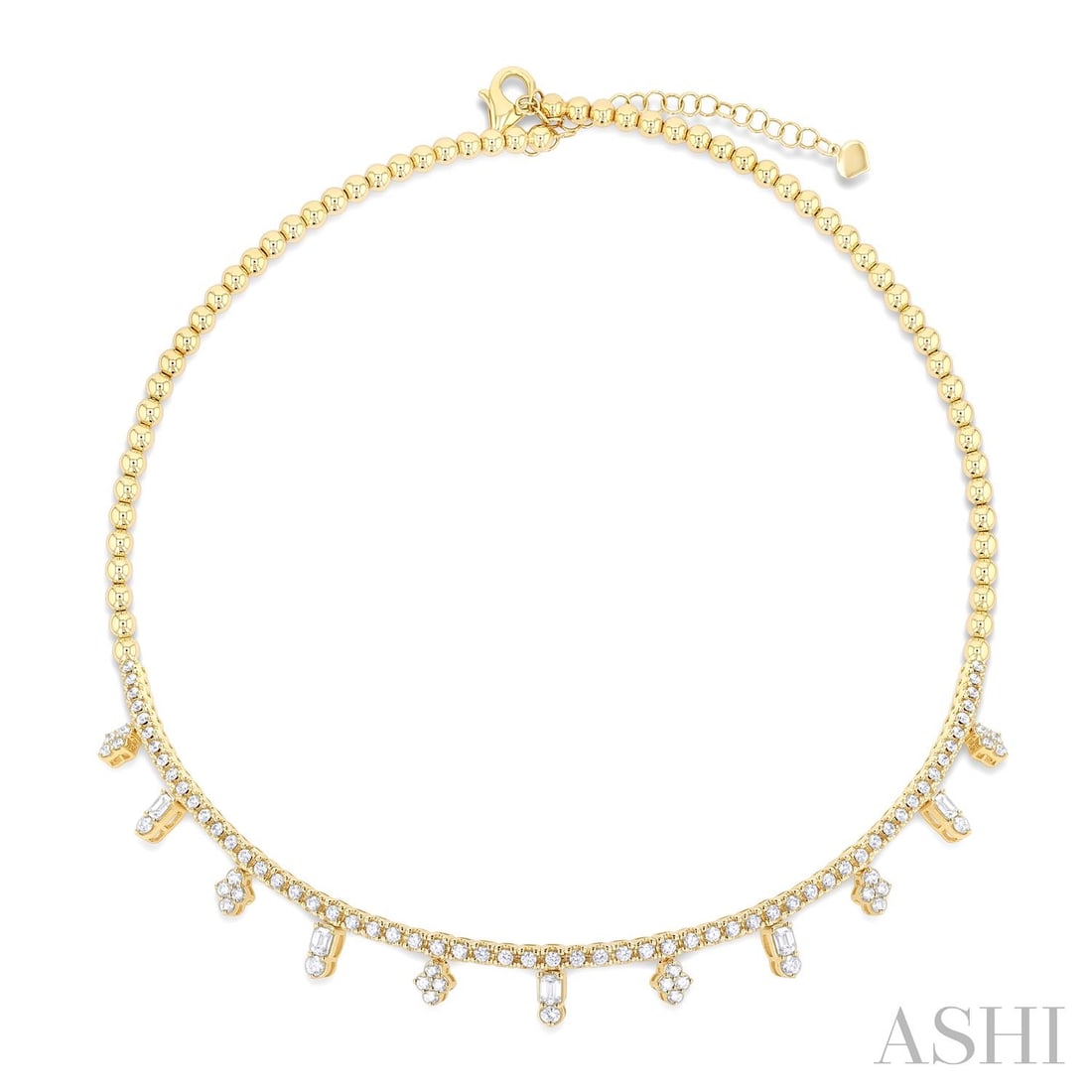 2.58 ctw Baguette & Round Diamond Geometric Dangle 14K Yellow Gold Choker: Rare and radiant, this breathtaking Geometric Dangle necklace featuring White Diamond offers a touch of the extraordinary. Crafted with precision, the Line/Dangle Setting setting is seamlessly integra