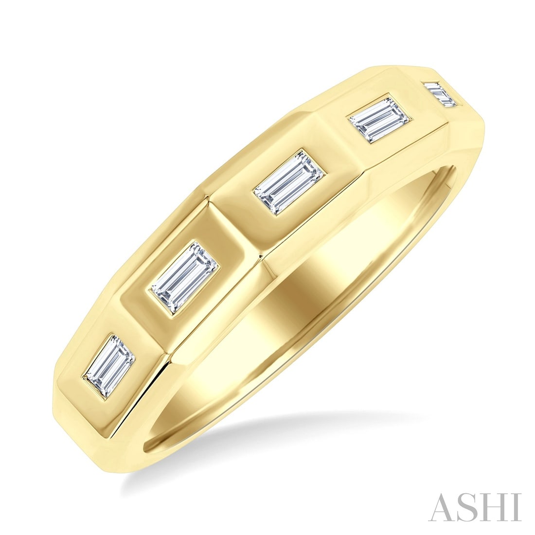 0.15 ctw Baguette Diamond Geometric 14K Yellow Gold Band Ring: A symphony of light and color, this stunning Geometric band ring featuring White Diamond embodies the pinnacle of luxury. The gemstones are nestled within a Bezel framework, supported by a substantial