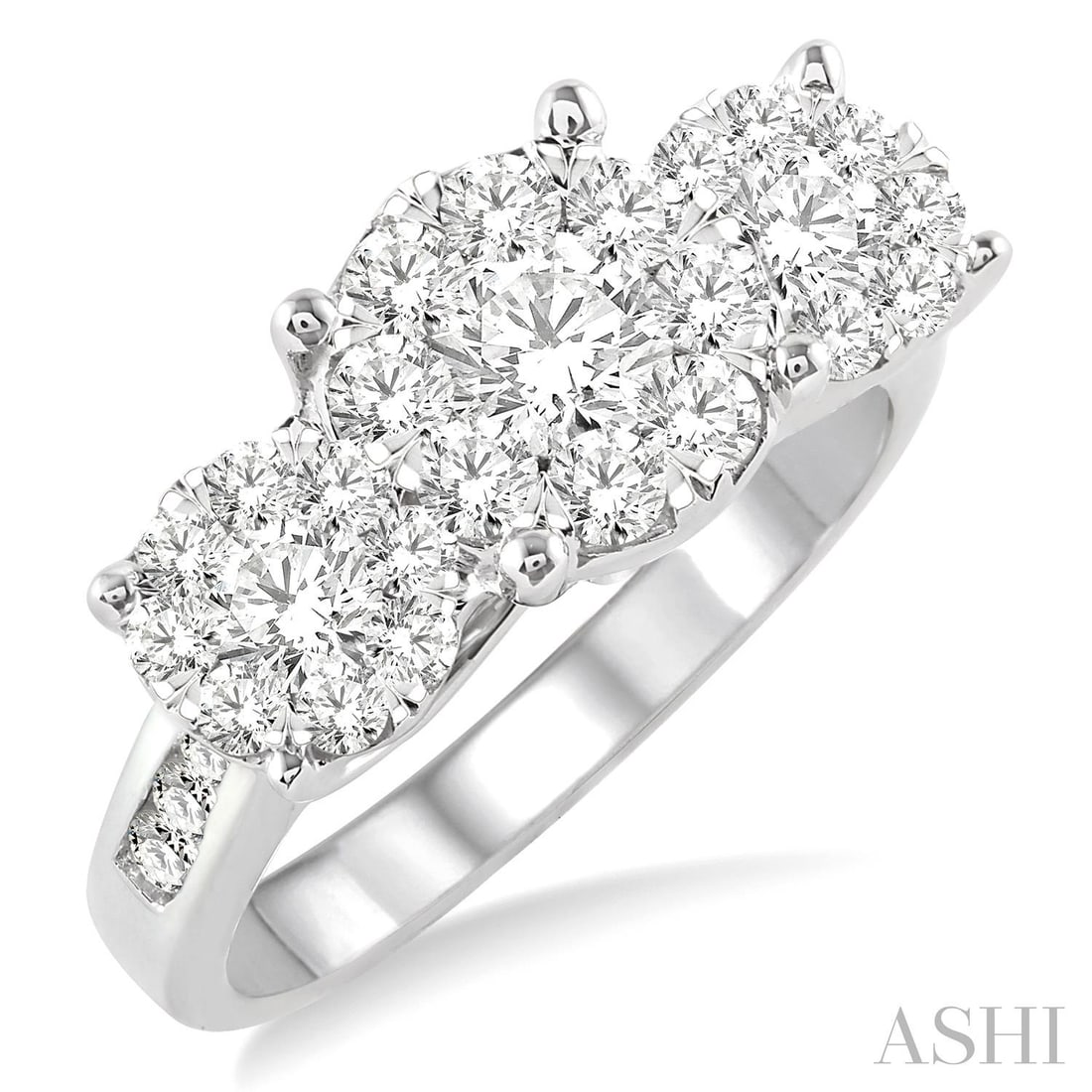 2.01 ctw Cluster Diamond Three Stone 14K White Gold Ring: A symphony of light and color, this exquisite Cluster Three Stone ring featuring White Diamond embodies the pinnacle of luxury. Securely held in a classic Three-Stone Cluster design, the ring is forge
