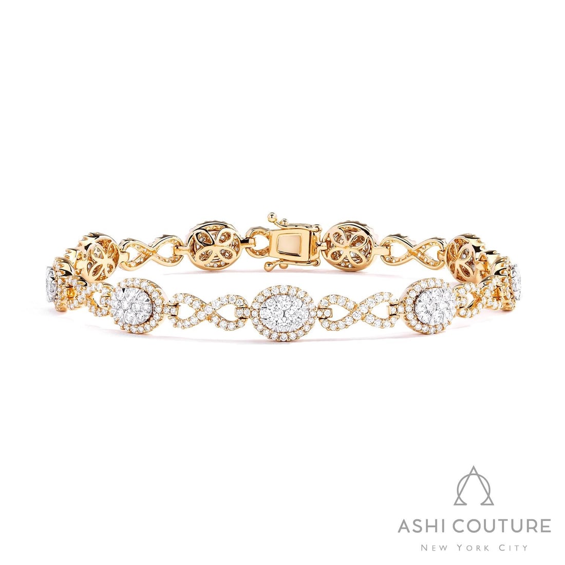 3.06 ctw Diamond Fiori Oval And Infinity Alternating 18K Yellow & White Gold Bracelet: An exquisite masterpiece of haute joaillerie, this stunning Fiori Oval And Infinity Alternating bracelet featuring Natural Diamonds is a true treasure. A detailed Alternating Link/Halo Cluster gallery
