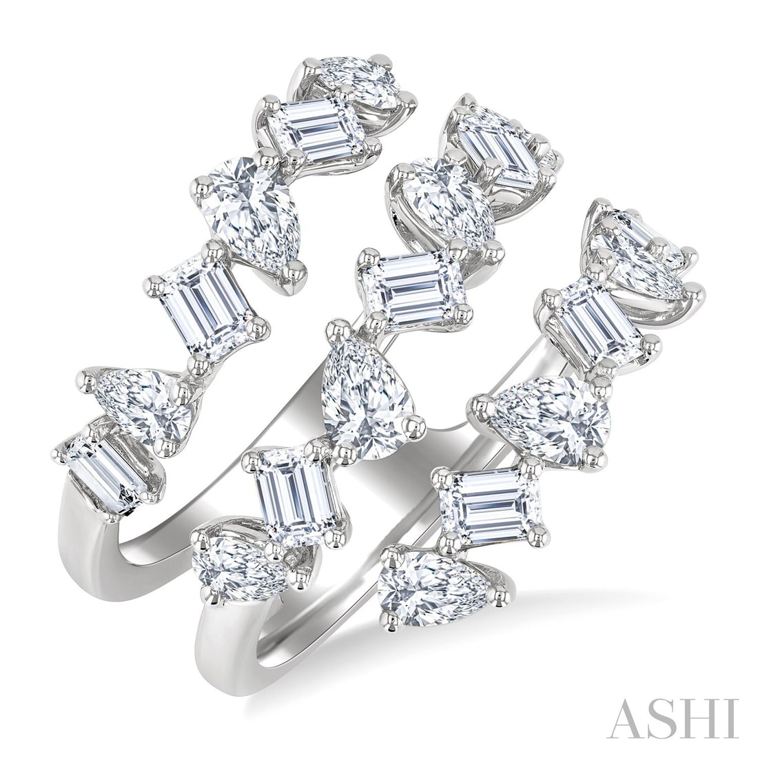 2.37 ctw Mixed Pear and Emerald Cut Diamond 14K White Gold Ring: Defining modern elegance, this breathtaking Fashion Wrap ring featuring White Diamond captures the essence of style. Securely held in a classic Wrap/Open Shank design, the ring is forged from 5.35 gra
