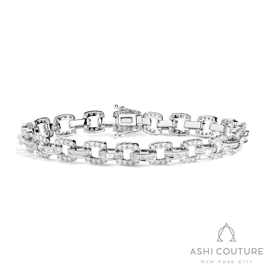 3.93 ctw Baguette and Round Diamond 18K White Gold Link Bracelet: Exuding opulence and grace, this breathtaking Linq Baguette Link bracelet featuring White Diamond is crafted for the distinguished. A detailed Channel-Set gallery secures the stones, rendered in 16.6 