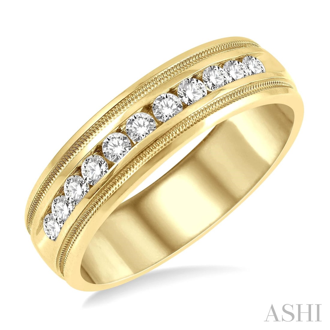 Men's 0.50 ctw White Diamond Parallel Milgrain 14K Yellow Gold Band Ring: Epitomizing grandeur, this magnificent Parallel Milgrain ring featuring White Diamond stands as a beacon of refined taste. Showcasing the gems in a Channel-Set Band arrangement, the ring consists of 8